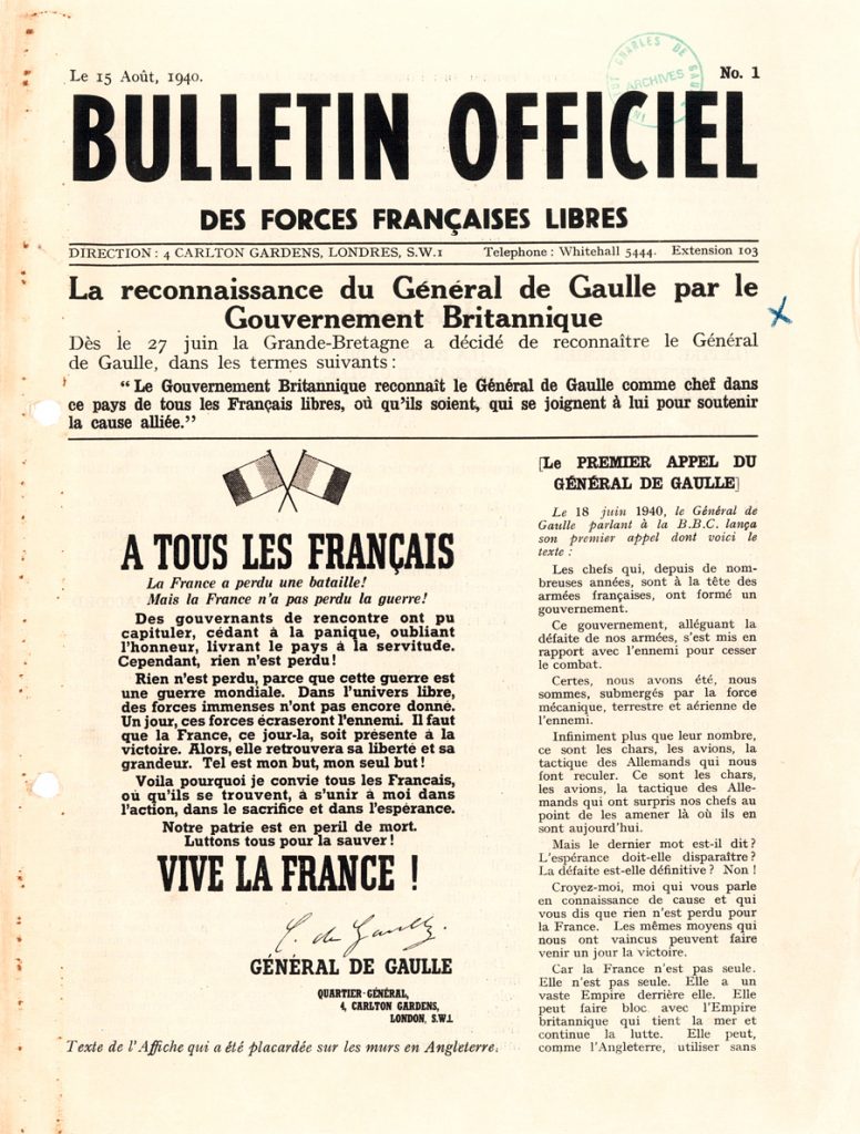 Premier numéro du Bulletin officiel de la France Libre, 15 août 1940