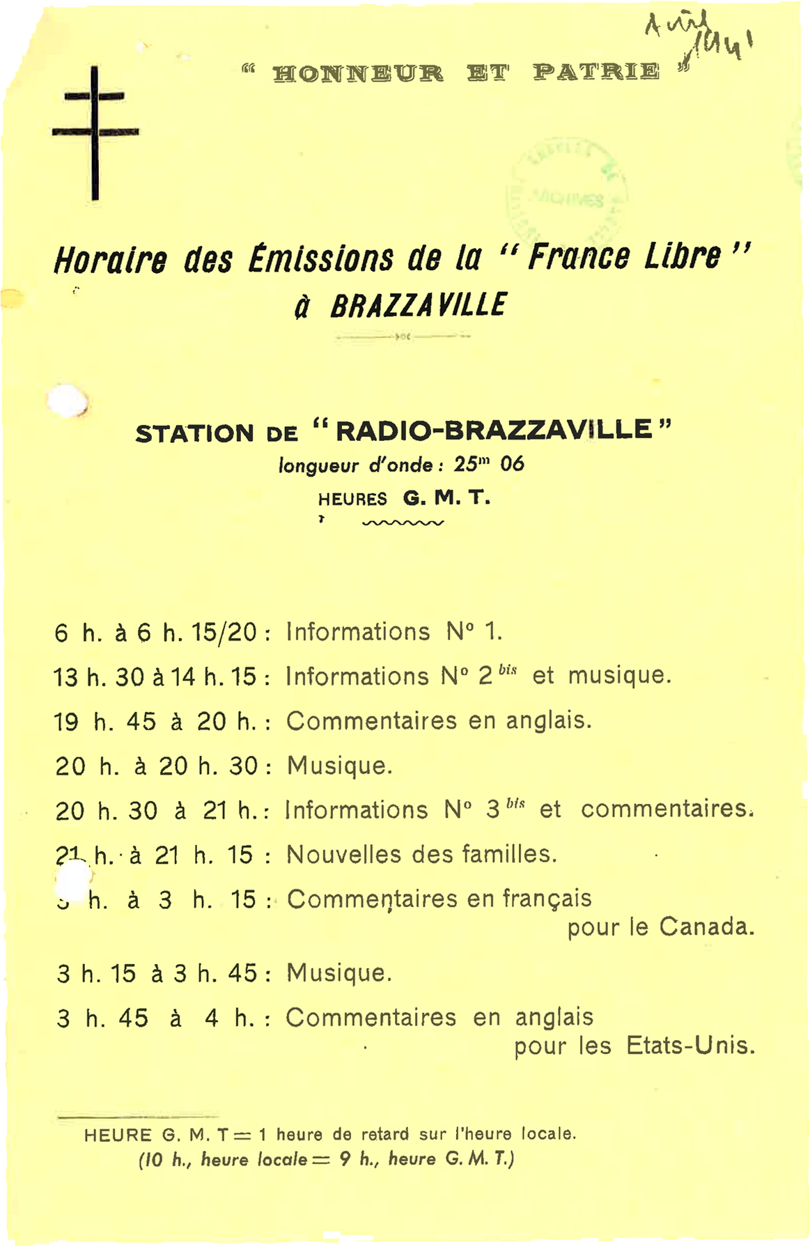 Horaires des émissions de Radio-Brazzaville, avril 1941