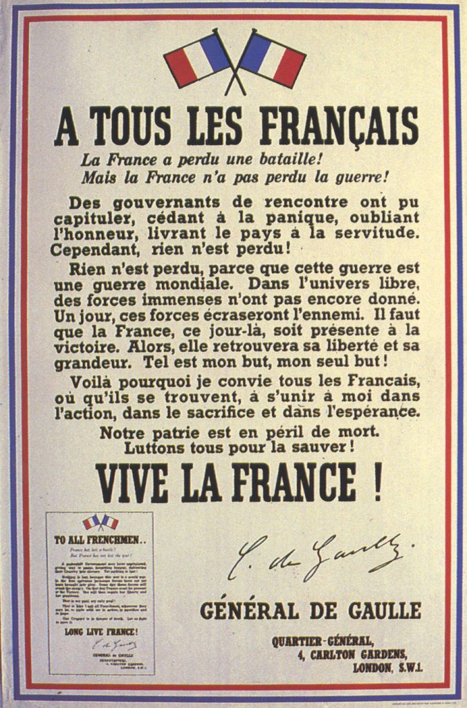 Affiche « A tous les Français » placardée sur les murs de Londres, 3 août 1940